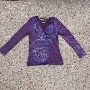 Harley-Davidson Woman’s Dragon Rhinestones Purple Back Lace-up Top Size L